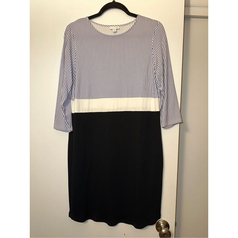 J. Jill Medium Blue White Stripe Black Skirt 3/4 Sleeve Womens Dress NWOT
